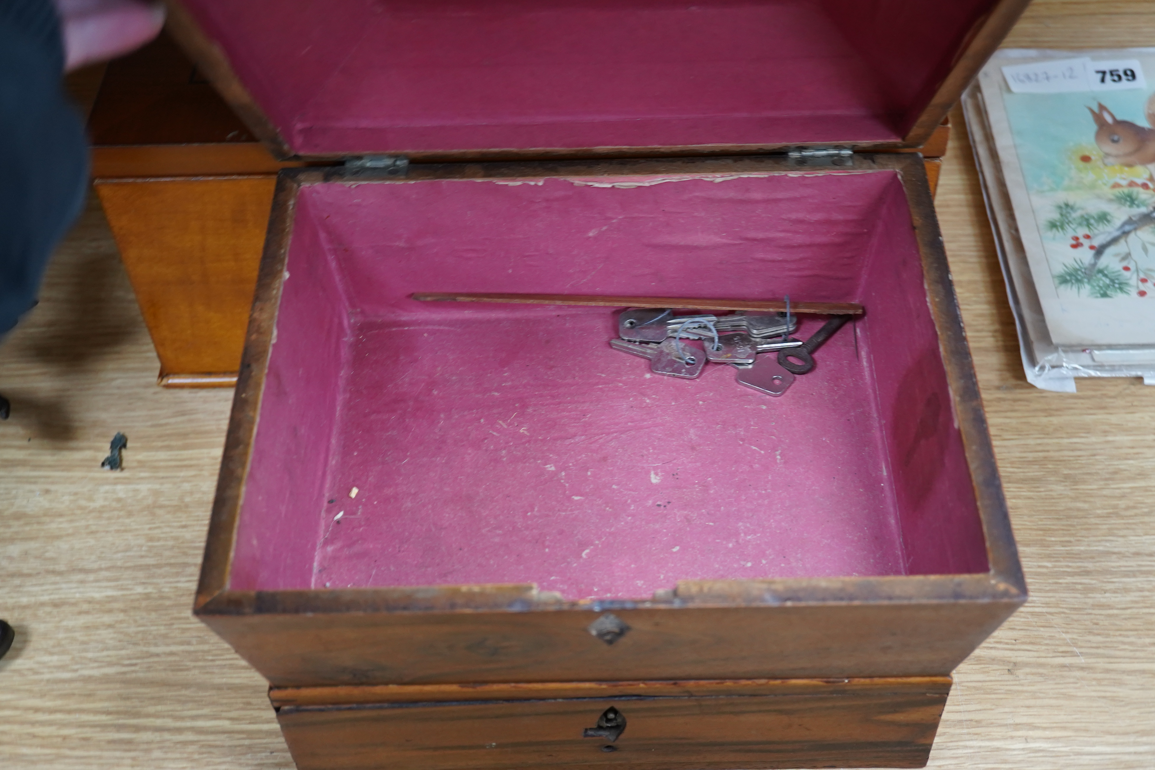 A Regency Gonçalo Alves box, a Victorian walnut writing slope and a modern cherry jewellery casket, tallest jewellery casket 20cm high. Condition - poor to fair